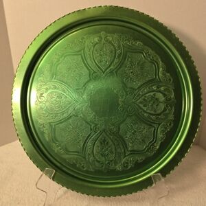Vintage 1950's HELLERS green aluminum embossed 13.5" round tray